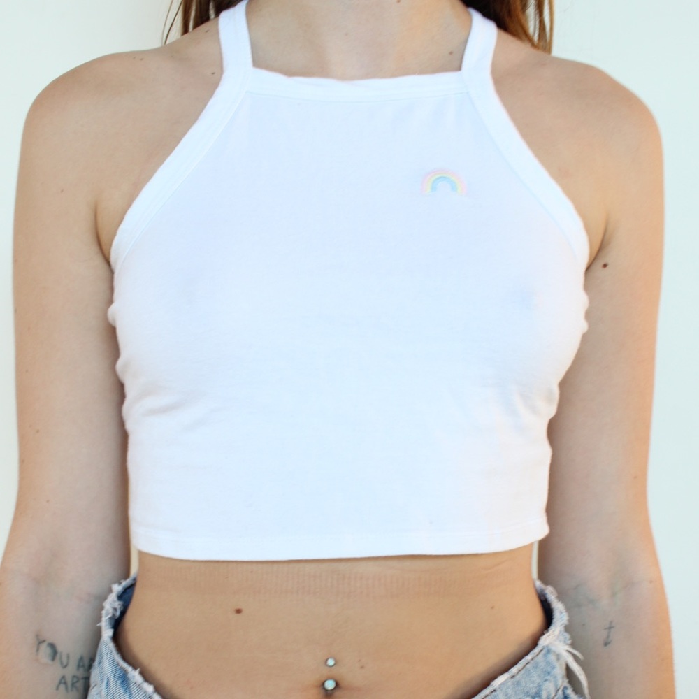 White Crop Top W/ Rainbow